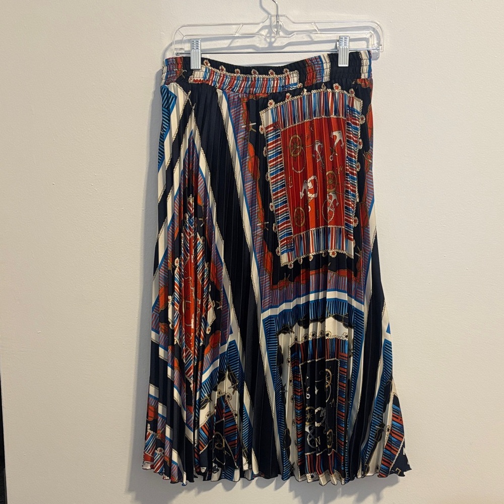 Zara Pleated Multi-Color Patterned Midi Skirt - Navy & Red